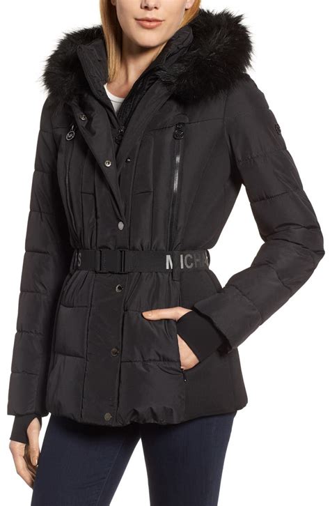 michael michael kors faux-fur-trim hooded puffer coat|Michael Kors quilted fur coat.